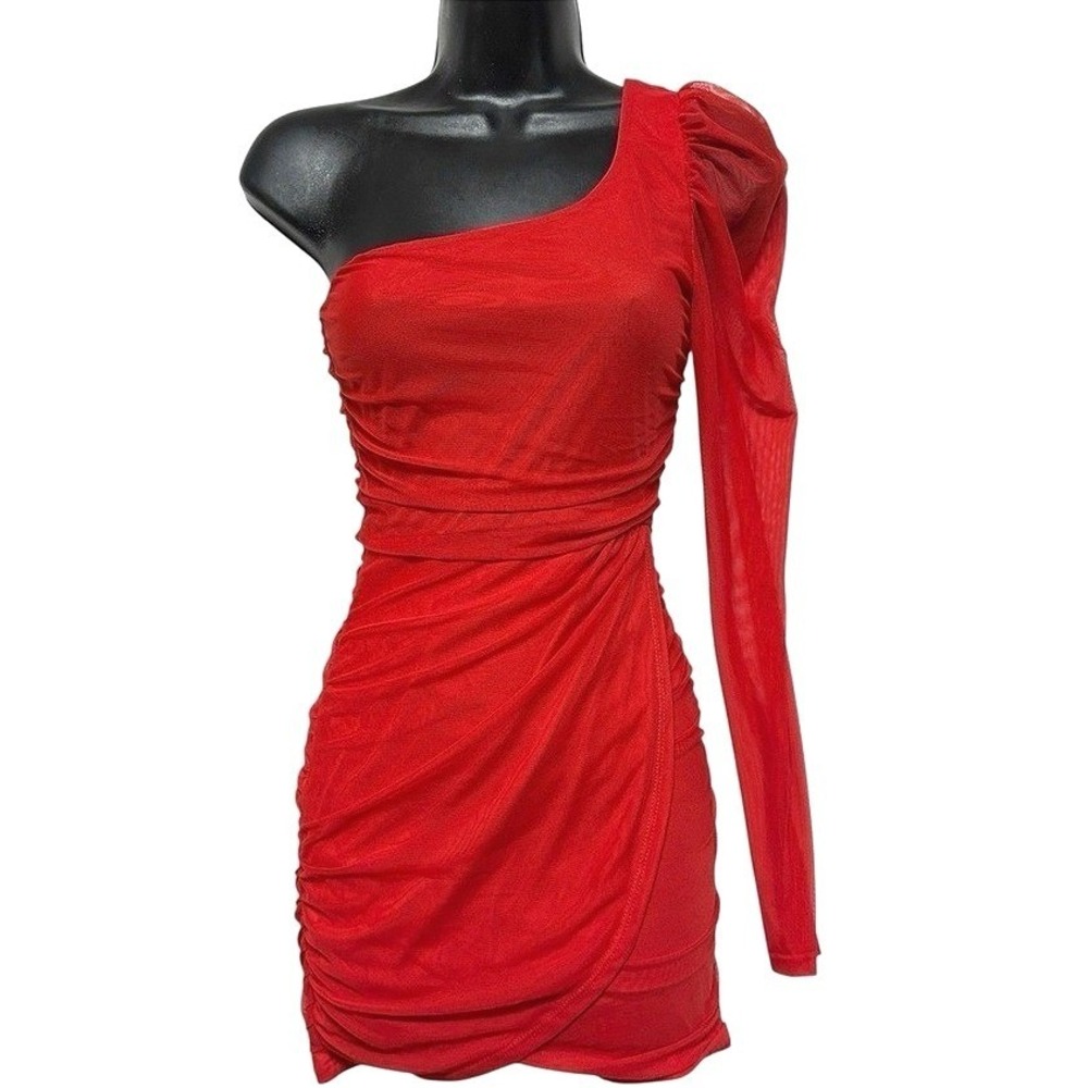 Lucy In The Sky Red Dress One Shoulder Long Sleeve‎ Bodycon Mini XS Asymmetrical
